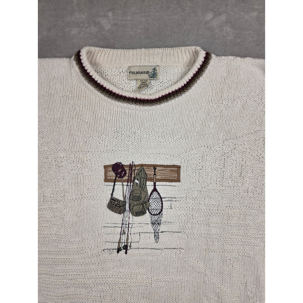Vintage Fieldmaster Sweater Mens L Cream Fishing Graphic Knit Made In USA *Read